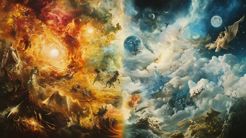 Cosmic battle unites fiery chaos and serene celestial order