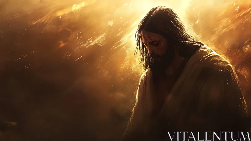 Digital painting of sorrowful robed man in golden light.