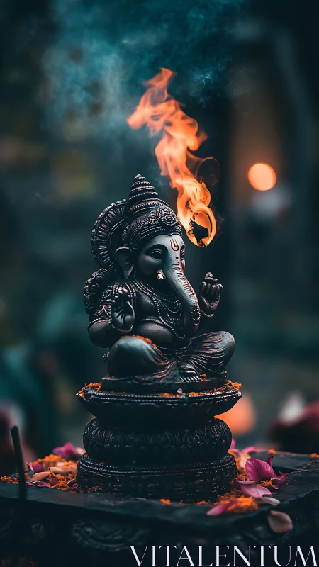 Flame crowned Ganesha listens quietly to curling incense