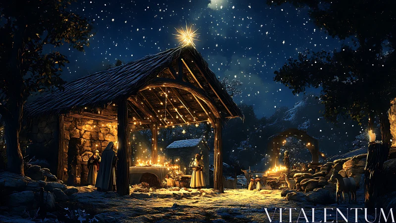 Night nativity scene under rustic wooden stable roof.