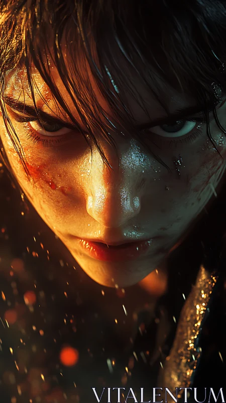 Fierce rain‑soaked warrior portrait under rising embers.