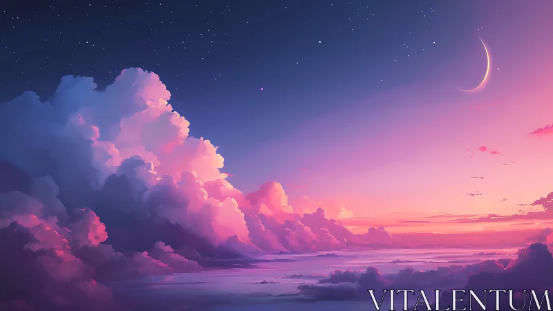 Luminous crescent moon over radiant pastel cloud sea at dusk.