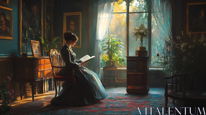 Victorian woman reads quietly near sunlit garden window