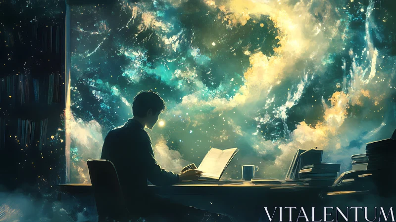 Starlit reader quietly explores a glowing cosmic sky