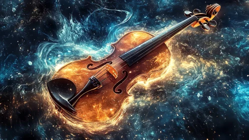 Violin floating in glowing abstract blue and orange space.