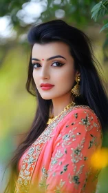 Woman in embroidered saree poses outdoors with soft bokeh