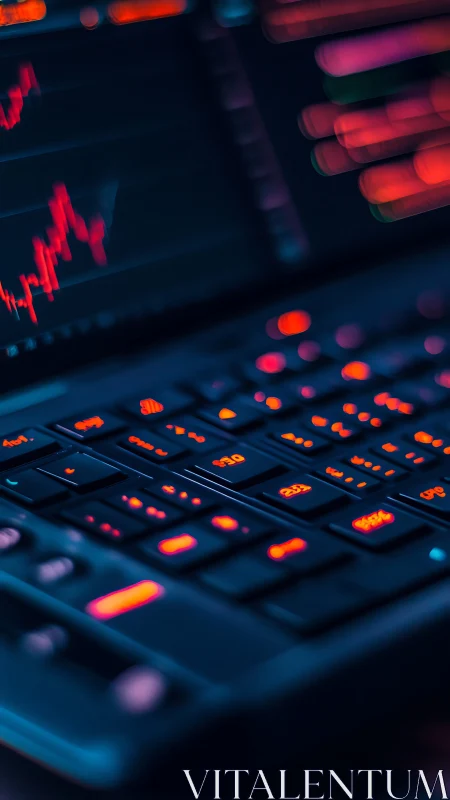 Neon backlit keyboard beneath blurred trading chart display.