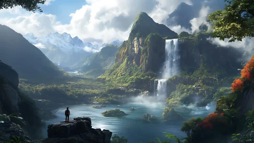 Solitary explorer surveys monumental alpine waterfall basin