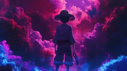 Anime wanderer framed by neon storm clouds at twilight.