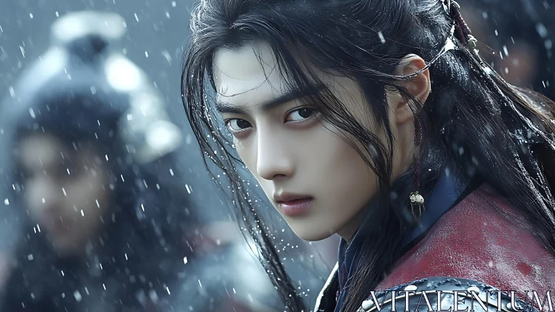 Storm-eyed young warrior pausing under silver winter rain.
