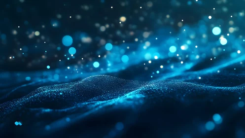 Abstract blue glowing particles landscape with bokeh lights, digital art.