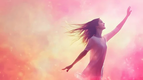 Woman Reaching Up in Dreamy Pink Light, Soft Artistic Style.