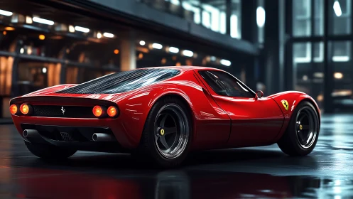 Retro red sports car glowing under soft city lights.