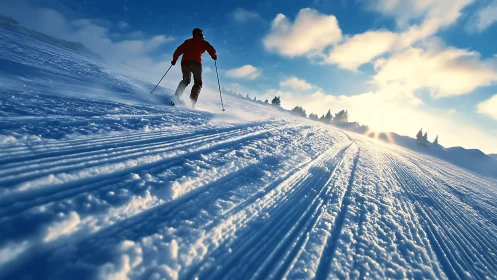 Alpine Skier Descending Groomed Mountain Slope. Period.