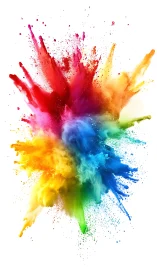 Explosive radial burst of multicolor powder on white field.