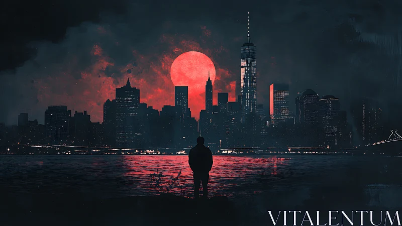 Crimson moonlight gently crowns a quiet, shadowed city skyline