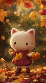Cozy kitten in crimson sweater greeting golden autumn leaves.