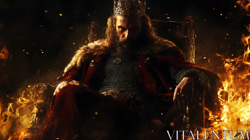 Dark medieval king sits on burning throne amid rising flames