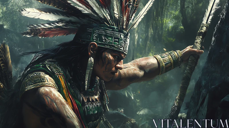 Digital painting of warrior in feathered headdress, jungle scene.