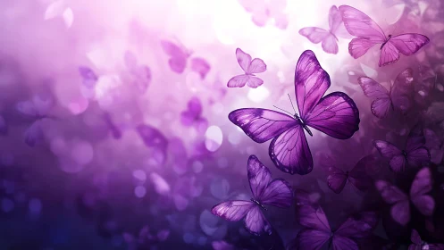Violet butterflies in radiant bokeh misted twilight flight.