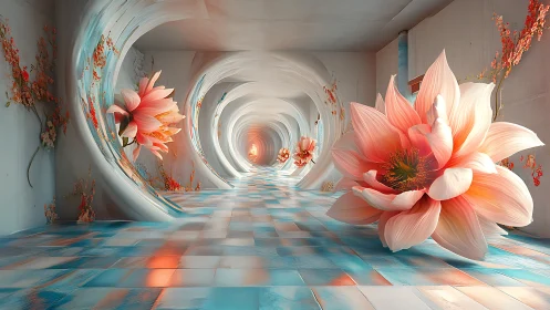 Surreal floral corridor with large pastel blossoms.
