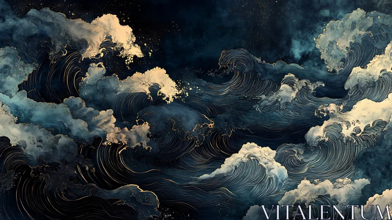 Celestial storm tides swirl in gold-traced nocturne waves.