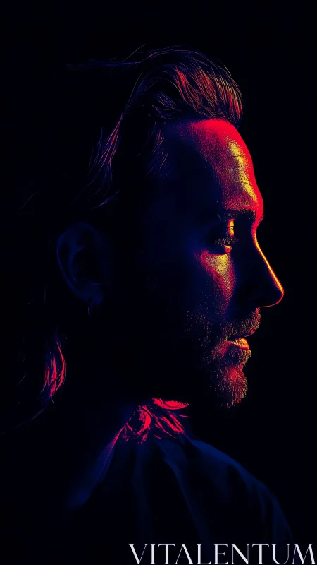 Neon side profile isolates male silhouette in deep shadows