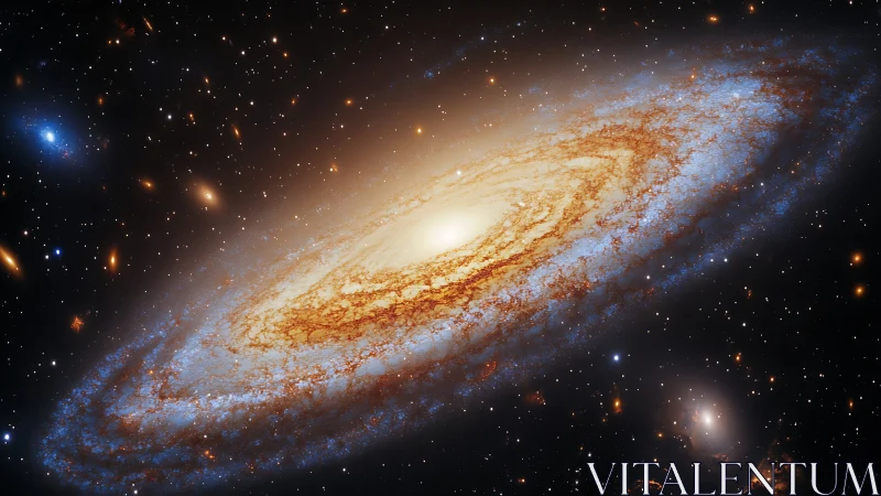 Edge-on spiral galaxy rendered with dense stellar disk and bright bulge
