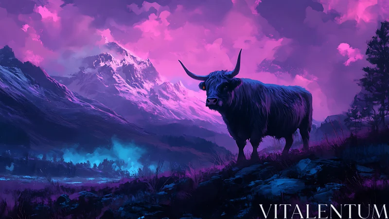 Highland cattle silhouette against magenta mountain range.