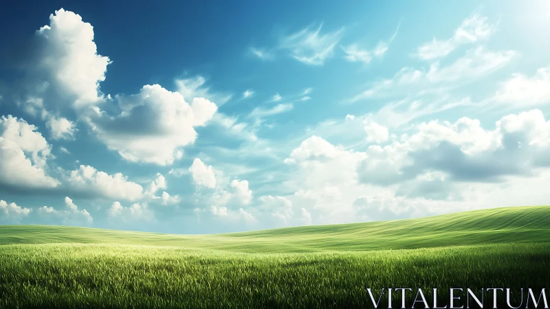 Green grassy field under blue sky with scattered clouds.