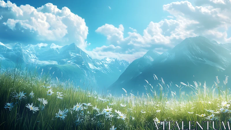 Mountain meadow with wildflowers under bright sky.