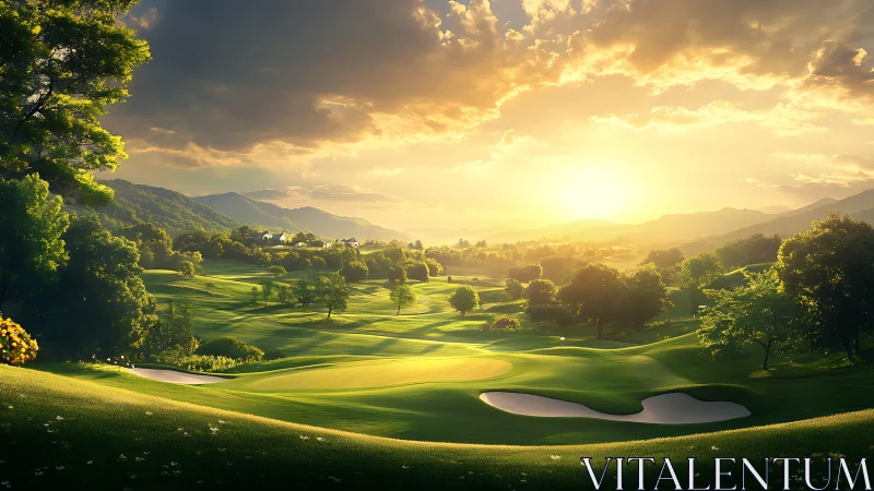 Sunlit golf course landscape with mountains and trees at dusk.