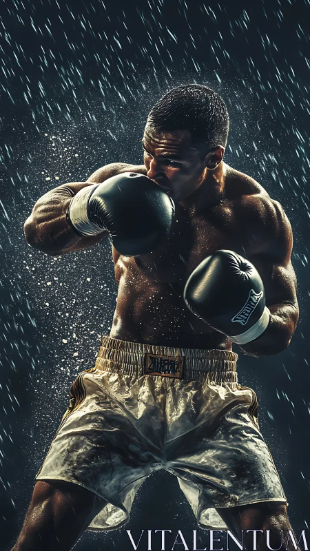 Boxer in Rain With Guard Position and Power Stance