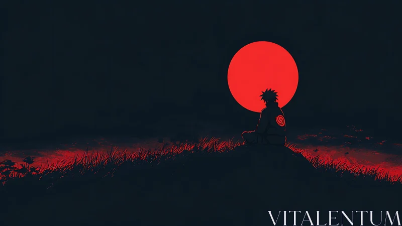 Silhouetted anime figure gazes at bold crimson moonscape.