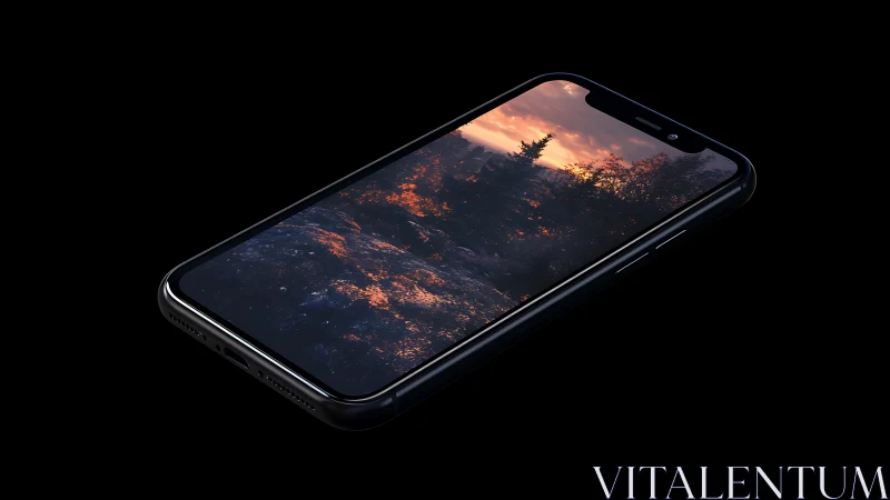 Photorealistic smartphone render with cinematic landscape display.
