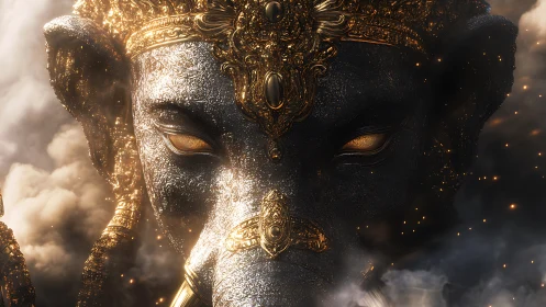 Elephant headed deity bust with ornate gold detailing.