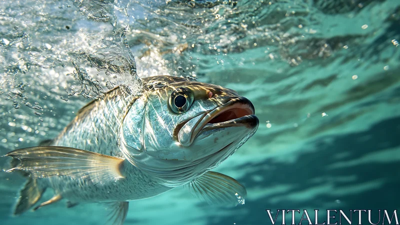 Fish breaks water surface with mouth open in clear turquoise sea