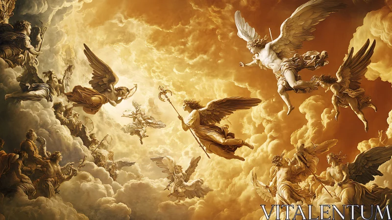 Baroque style celestial battle scene with winged figures.