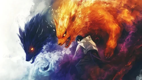 Elemental fox duel in dynamic anime chakra vortex composition.