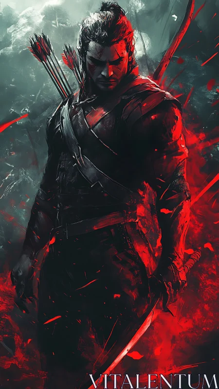 Armored swordsman with bow in red and teal battle haze.