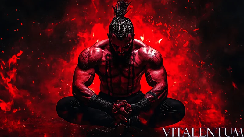 Muscular seated warrior in red-lit inferno background