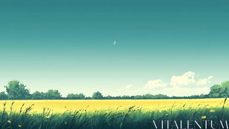 Crescent moon hangs above tranquil yellow summer meadow