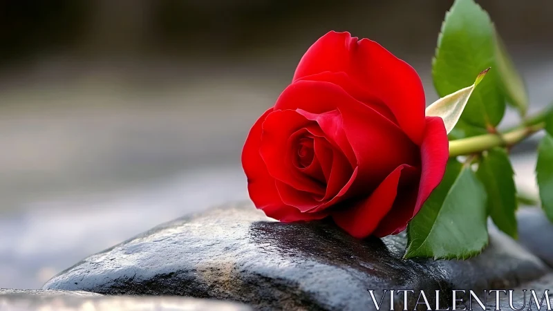 Radiant Red Rose Resting on Smooth Stone