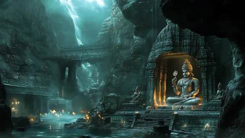 Subterranean cavern temple with colossal illuminated Shiva shrine