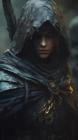 Hooded rogue in dark cloak with intense, shadowed gaze.