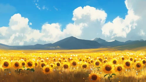 Sunlit sunflower array before distant alpine ridgeline panorama.