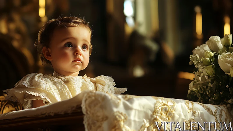 Infant in Cream Lace Christening Gown with Contemplative Expression