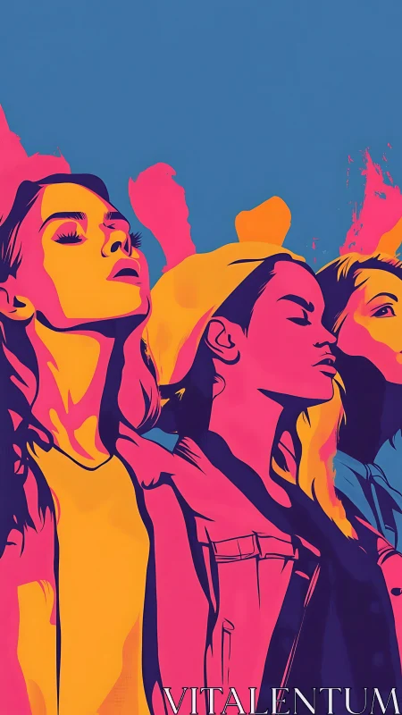 Neon triadic portrait of women in bold duotone gradients.