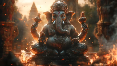 Ganesh bronze deity rendered in cinematic temple firelight.