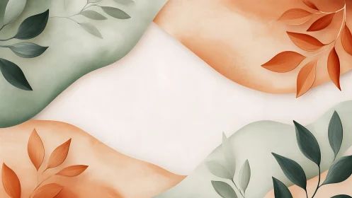 Minimal botanical waves with pastel green and terracotta leaves.
